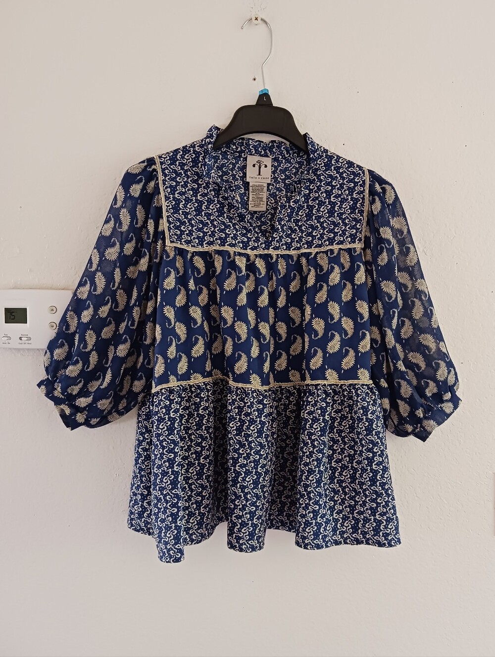 Rain + Rose Balloon Sleeve Motif Flowy Blouse